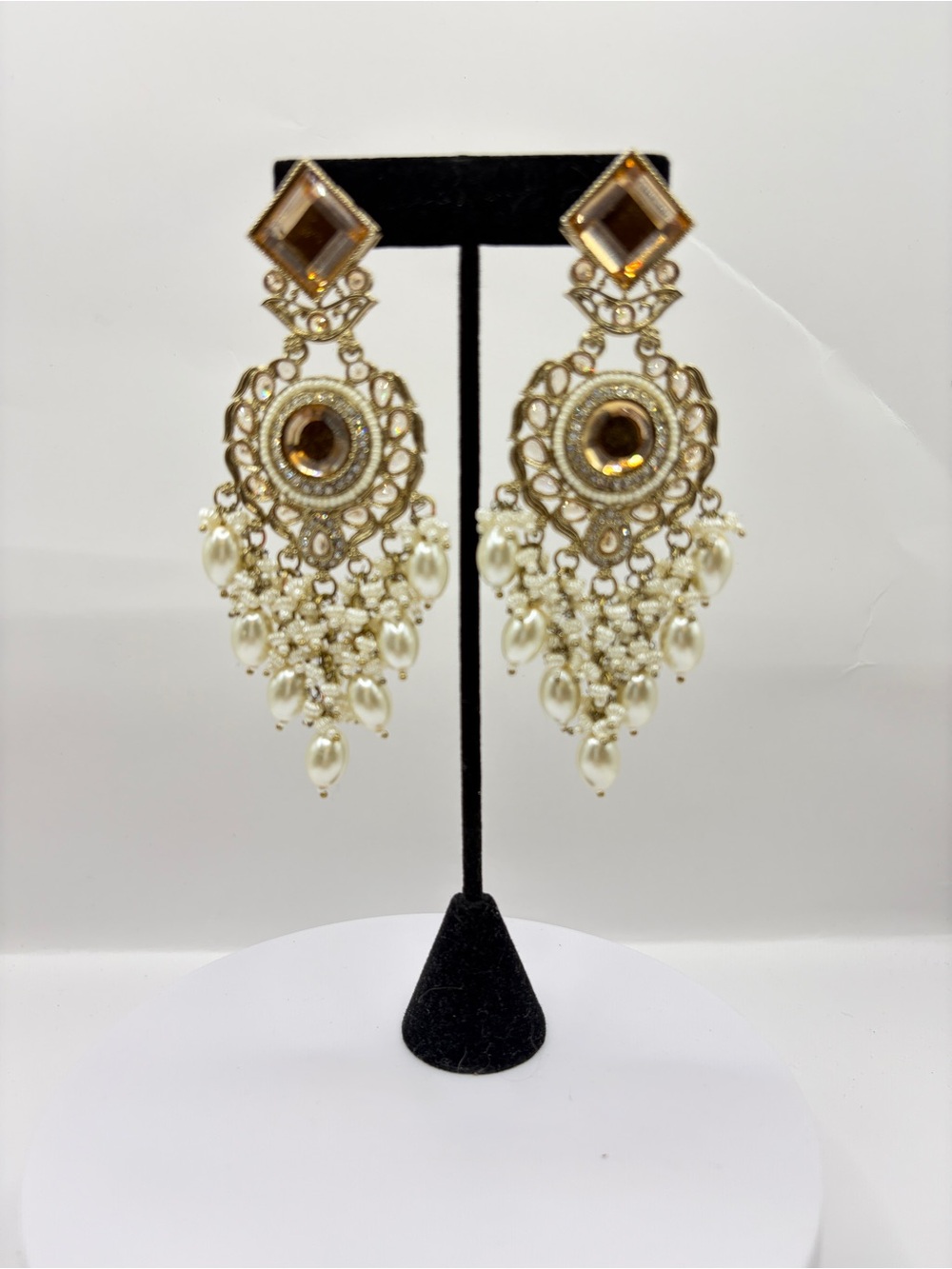 Gold Filigree Champagne Color And Pearl Chandelier Earrings with Amber Stones